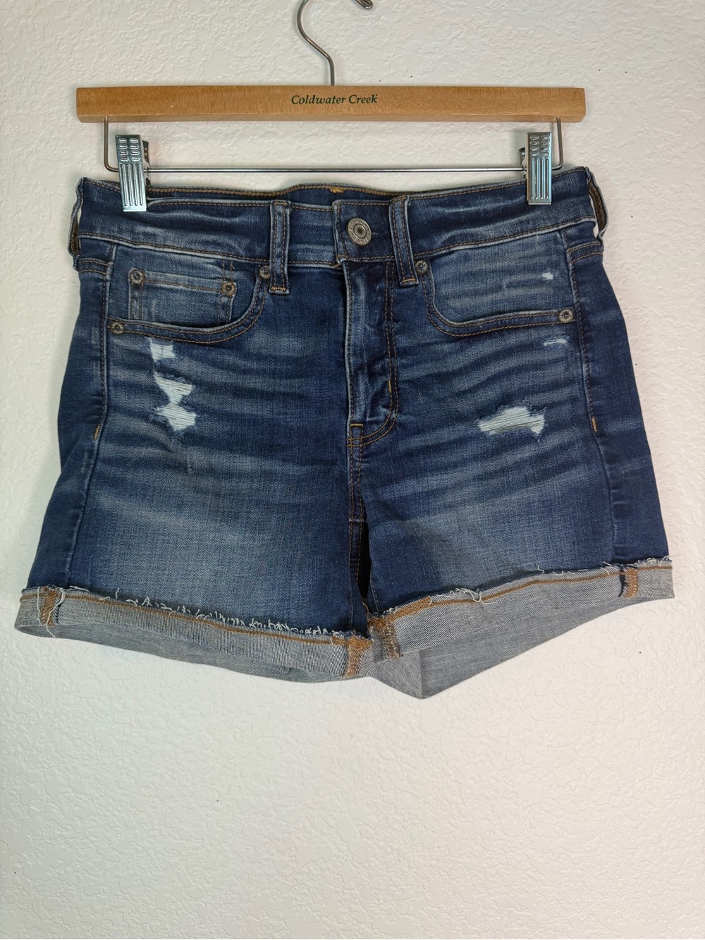 American Eagle Super Stretch Midi Medium Wash Distressed Denim Shorts, Size 4